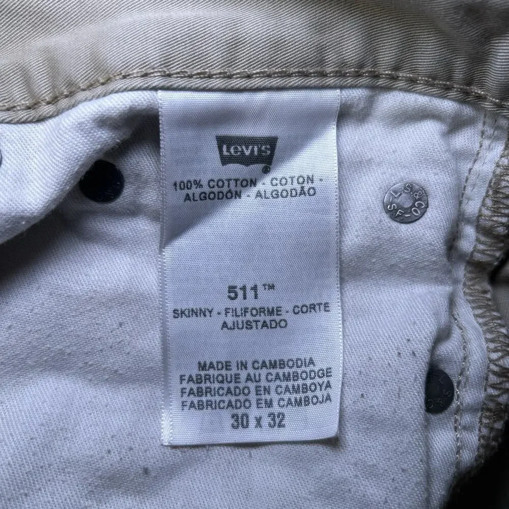 Levi's 511 Regular Tapered Fit Khaki‎ 100% Cotton Casual Pants Men's Size 30x32